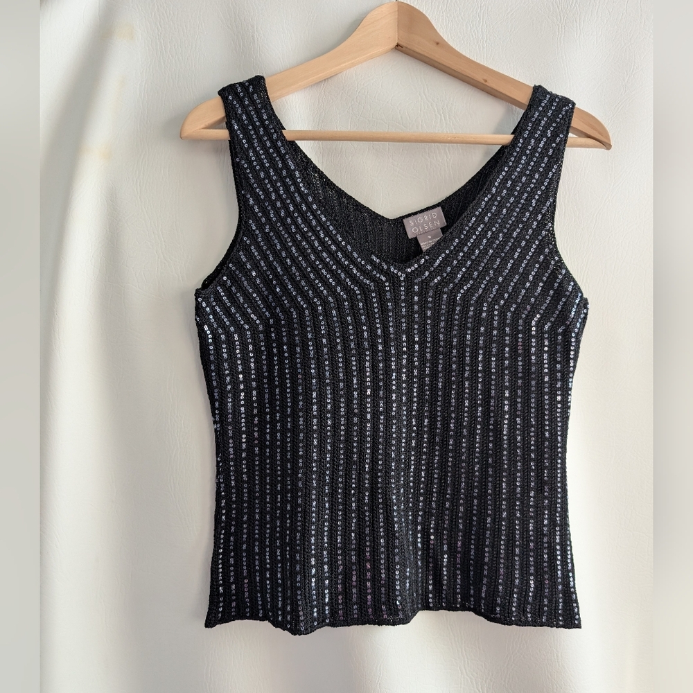 Sigrid Olsen Black Silk Blend Silver Sequin Stripes Sleeveless Knit Pullover Top